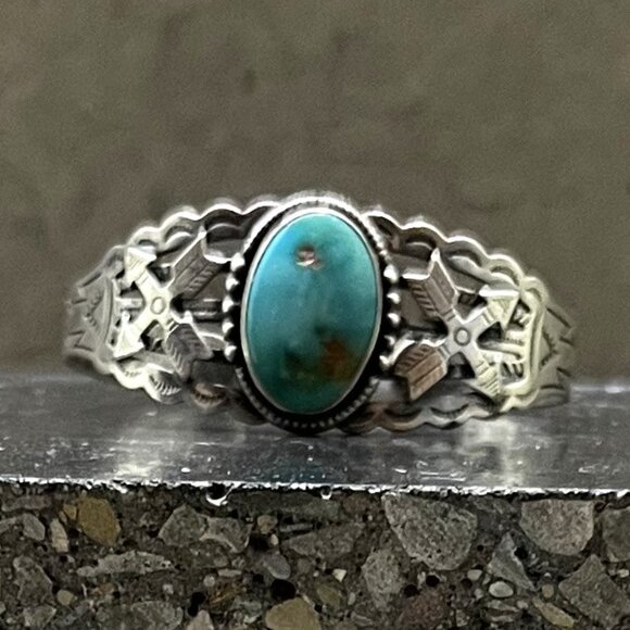 Vintage Native American Sterling Silver Turquoise Open Cuff Bracelet - Picture 2 of 9
